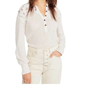 Free People Cream Lace Easy Breezy Henley Top Thermal Cuff Women’s Size XS